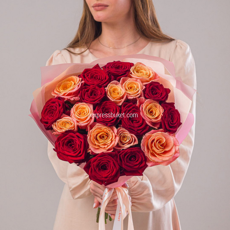 Микс роз персиковые+красные 21шт