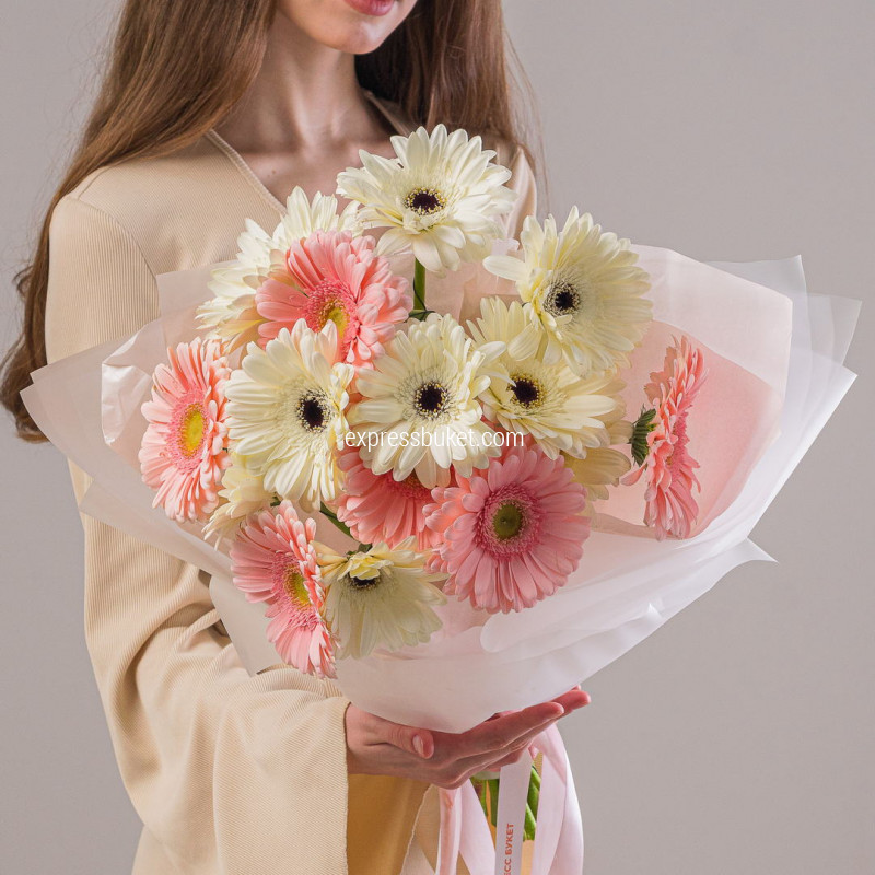 Букет из 15 гербер белые+розовые